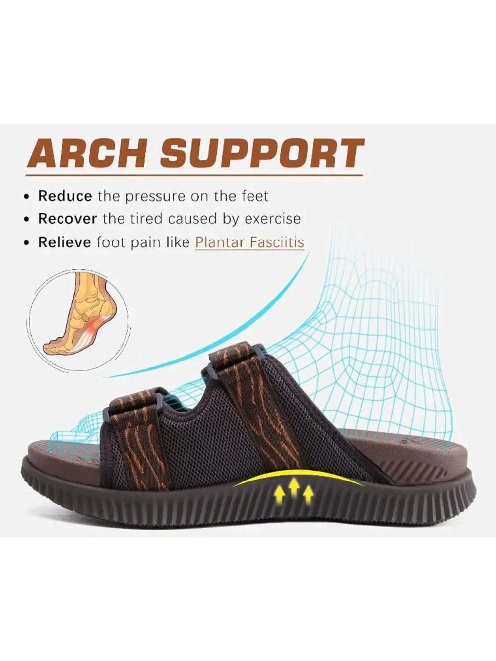 Men's Brown Athletic Thick Cushion Recovery Sport Slides Orthotic Sandal Shoes